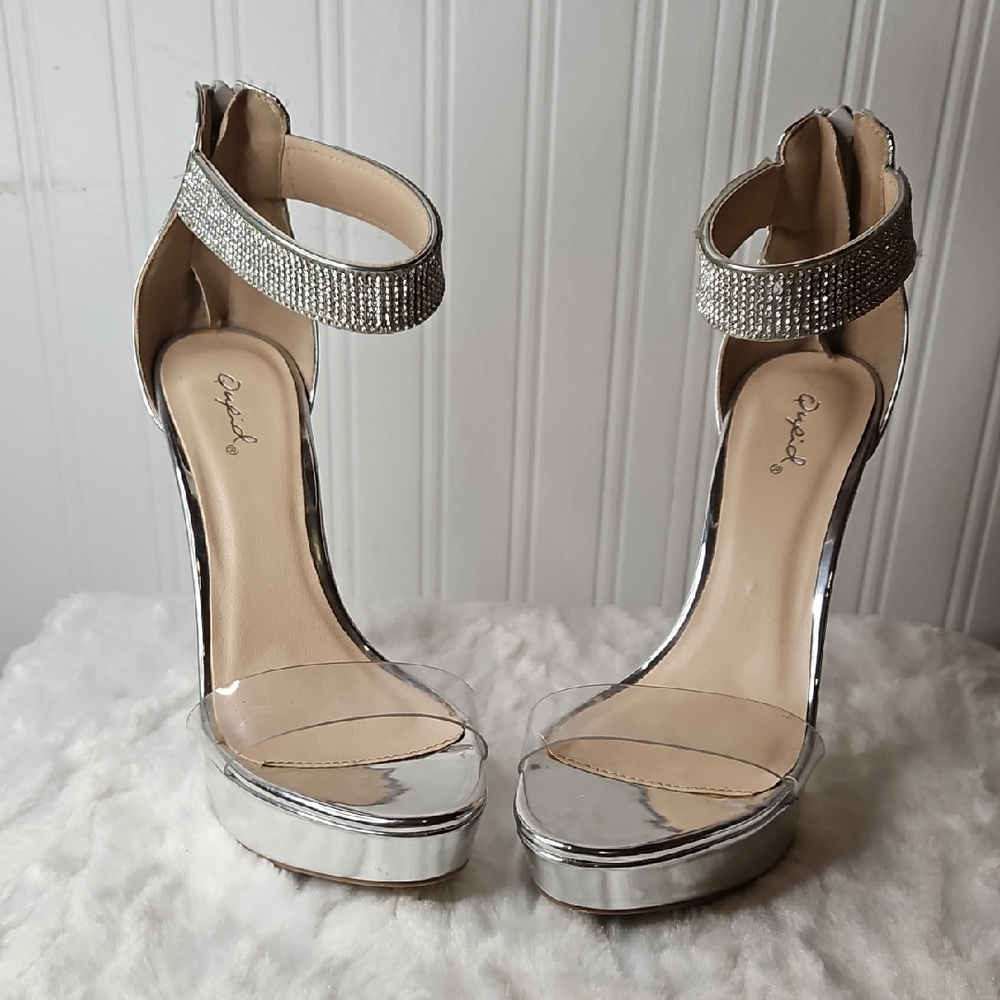 Qupid Silver Platform Heels with Rhinestone Ankle Strap